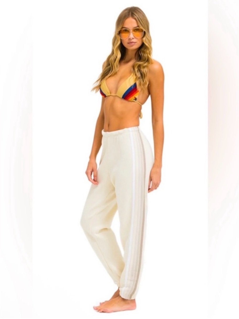 Aviator Nation 5 Stripe Sweatpant in Vintage White & Sand XS NWOT